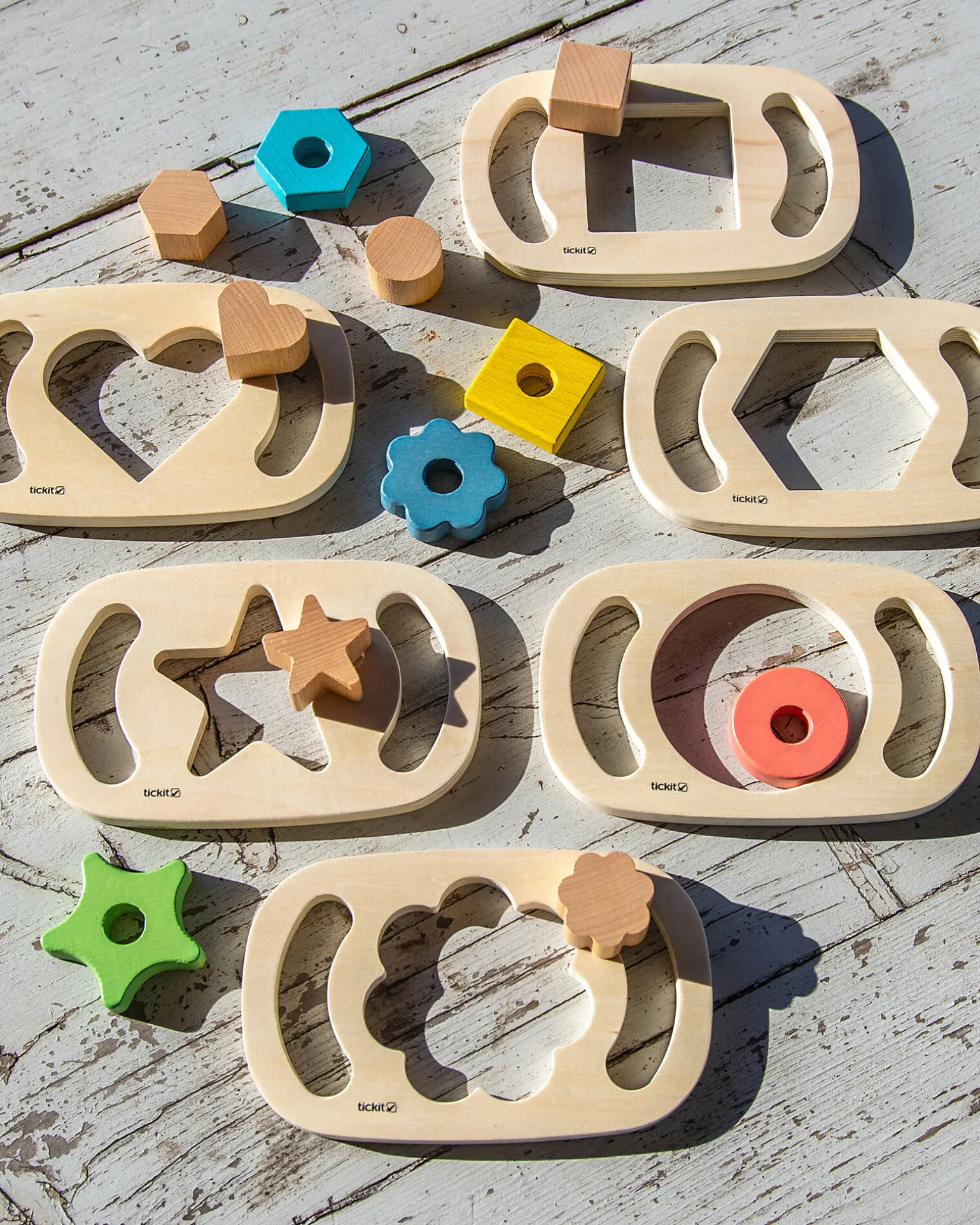 Set 6 Giochi Sensoriali in Legno di Gomma FSC - Forme Geometriche - Easy Hold - 12m+