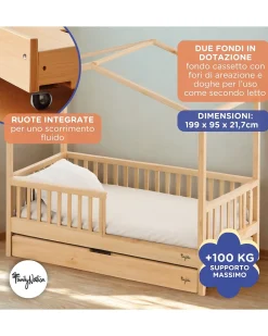 Set 2: Letto Montessori Evolutivo Evi 200x90cm + Letto/Cassetto