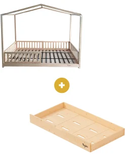 Set 2: Letto Montessori Evolutivo Evi 140x70cm + Cassetto