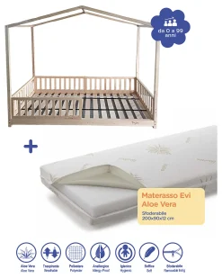 Set 2: Letto Montessori Evolutivo Evi 140x70cm + Materasso 11 cm Aloe Vera