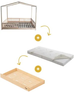 Set 3: Letto Montessori Evolutivo Evi 140x70cm + Cassetto + Materasso 11 cm Aloe Vera