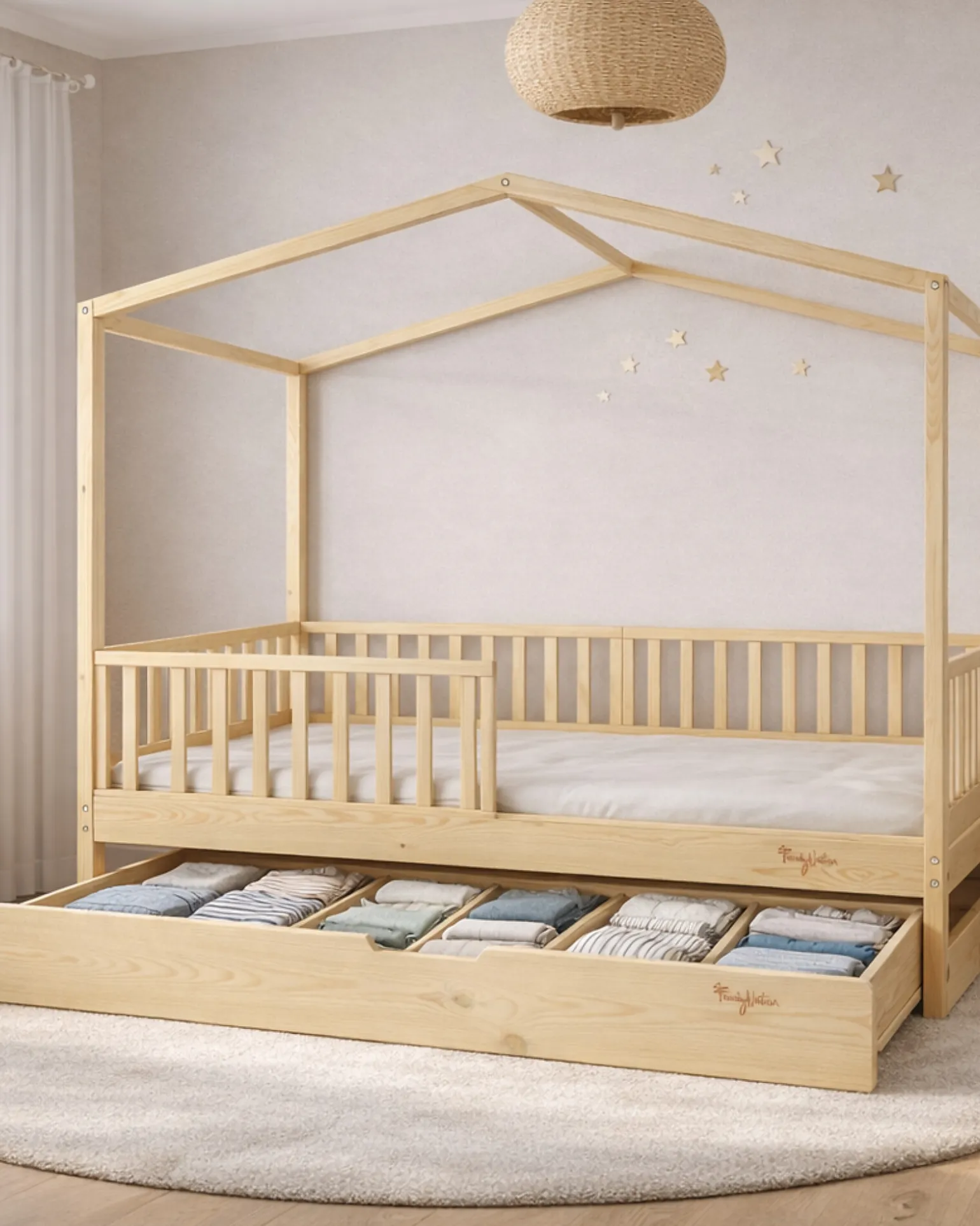 Set 3: Letto Montessori Evolutivo Evi 200x90cm + Letto/Cassetto + Materasso 12 cm Aloe Vera