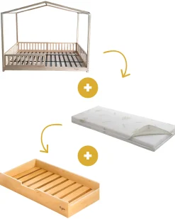 Set 3: Letto Montessori Evolutivo Evi 200x90cm + Letto/Cassetto + Materasso 12 cm Aloe Vera