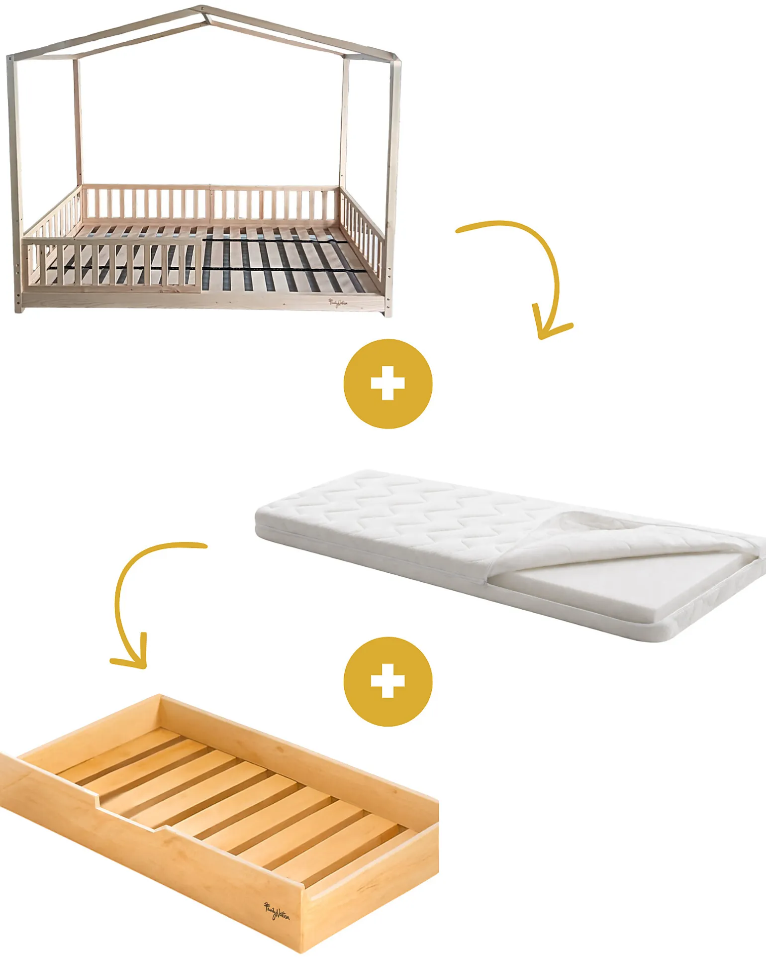Set 3: Letto Montessori Evolutivo Evi 200x90cm + Letto/Cassetto + Materasso 14 cm Antiacaro
