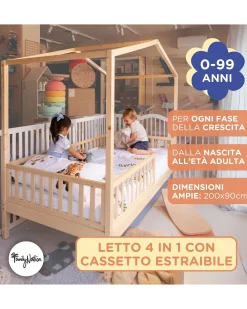 Set 2: Letto Montessori Evolutivo Evi 200x90cm + Materasso 12 cm Aloe Vera