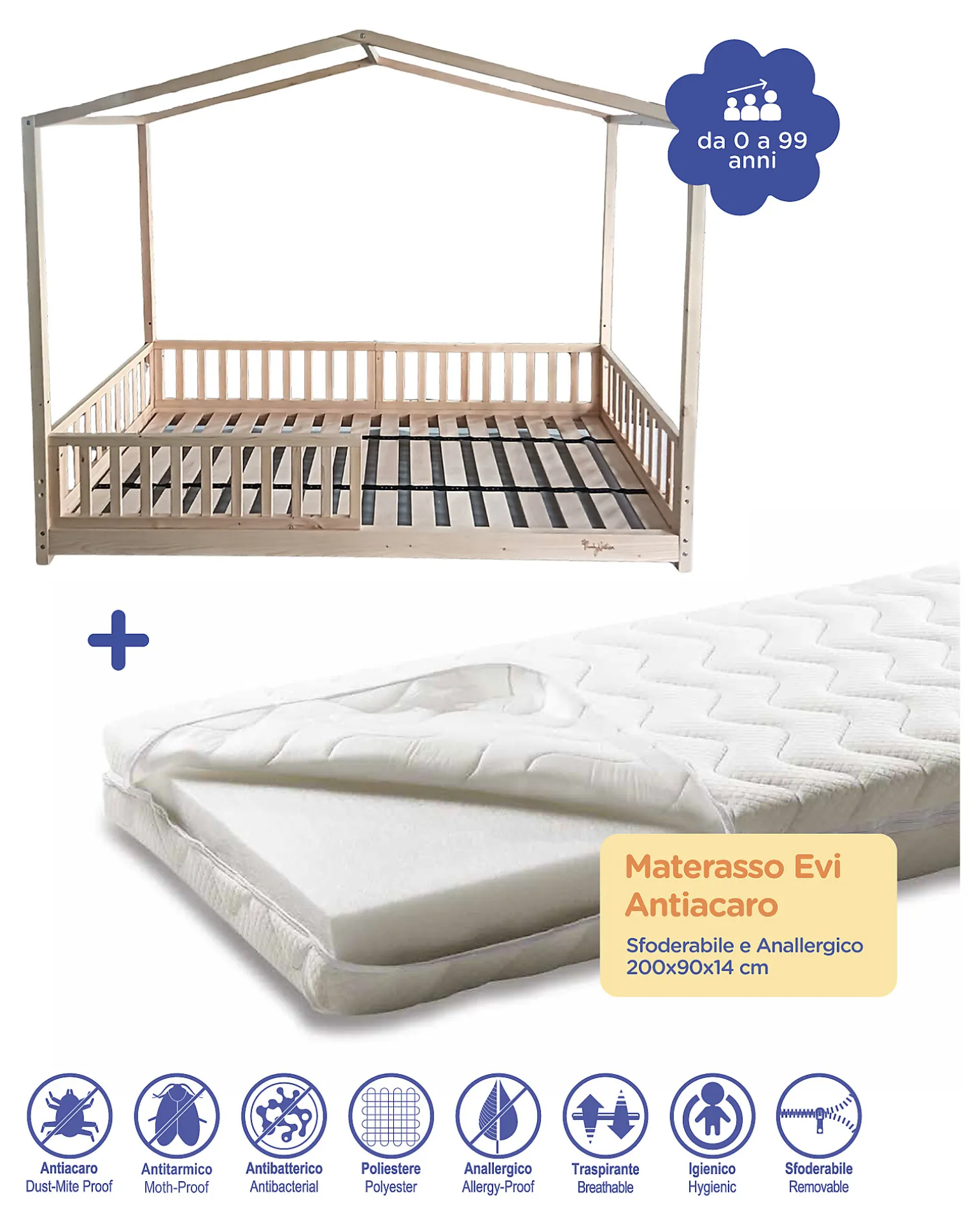 Set 2: Letto Montessori Evolutivo Evi 200x90cm + Materasso 14 cm Antiacaro