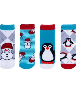 Set 4 Paia di Calzini Antiscivolo - Pinguino e Pupazzo di Neve - Rosso/Blu