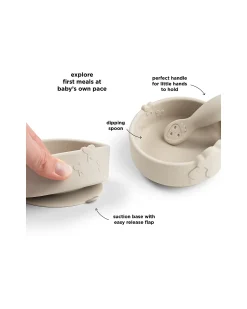 Set Pappa da Apprendimento - Stick & Stay - Ciotola e Cucchiaio - Sheepy - Sabbia - 100% Silicone Alimentare