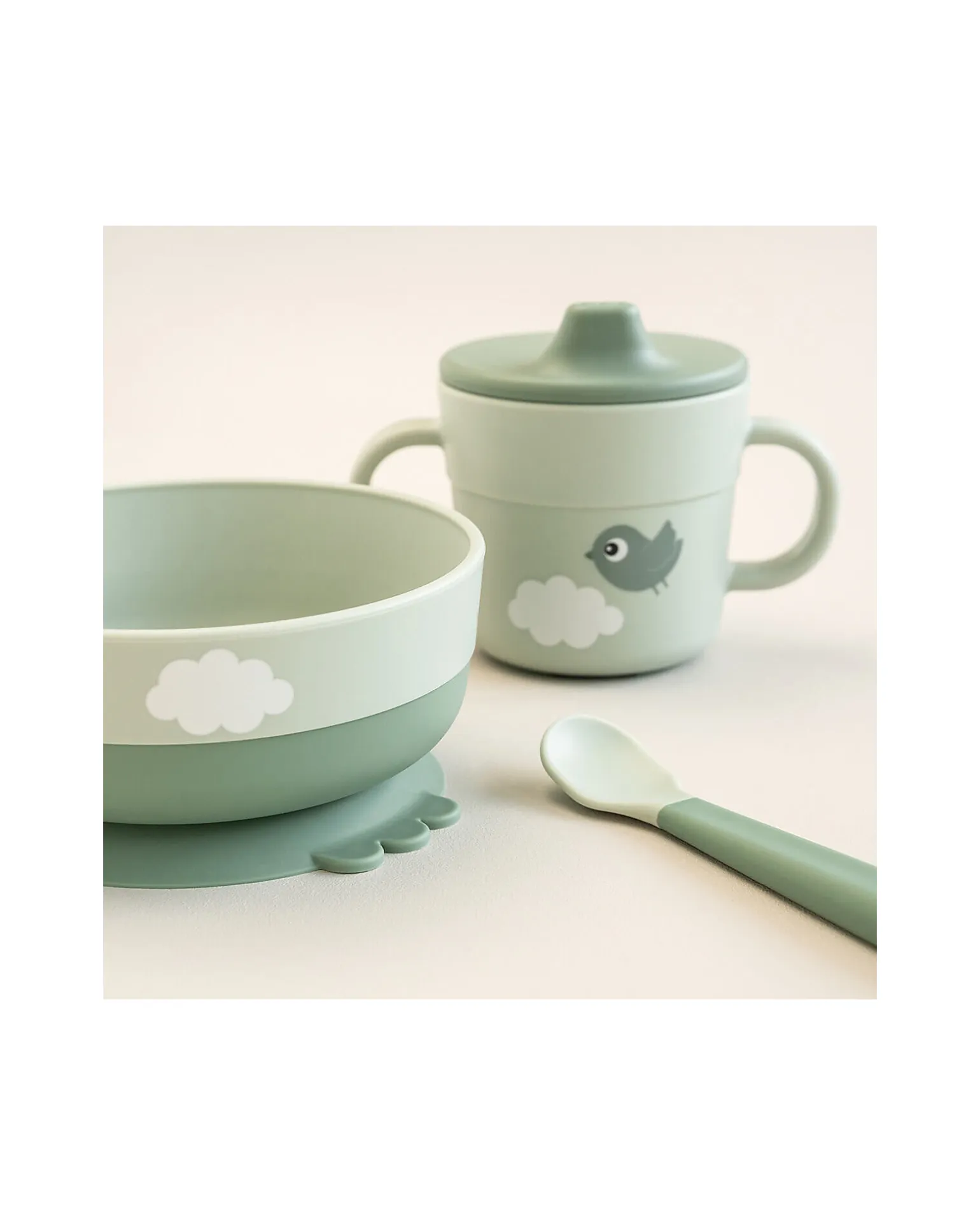 Set Pappa Foodie - Ciotola Tazza e Cucchiaio - Happy Clouds - Verde - 100% PP Alimentare
