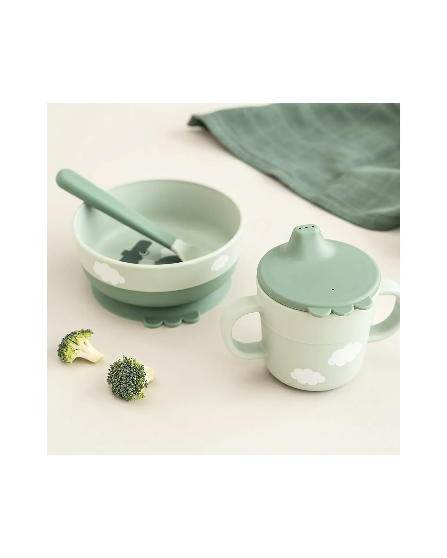 Set Pappa Foodie - Ciotola Tazza e Cucchiaio - Happy Clouds - Verde - 100% PP Alimentare