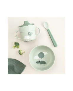 Set Pappa Foodie - Ciotola Tazza e Cucchiaio - Happy Clouds - Verde - 100% PP Alimentare
