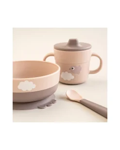 Set Pappa Foodie - Ciotola Tazza e Cucchiaio - Happy Clouds - Rosa Cipria - 100% PP Alimentare