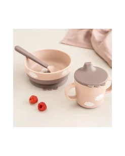Set Pappa Foodie - Ciotola Tazza e Cucchiaio - Happy Clouds - Rosa Cipria - 100% PP Alimentare