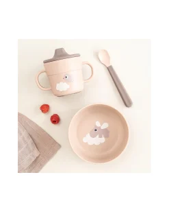 Set Pappa Foodie - Ciotola Tazza e Cucchiaio - Happy Clouds - Rosa Cipria - 100% PP Alimentare