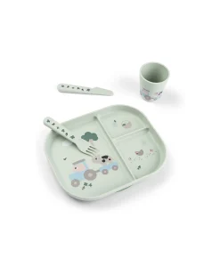 Set Pappa Foodie - Piatto con Scomparti Bicchiere e Posate - Tiny Farm - Verde - 100% PP Alimentare