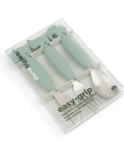 Set 3 Posate Anti-Scivolo - Forchetta, Cucchiaio e Coltello - Verde - Silicone Alimentare e Acciaio inossidabile