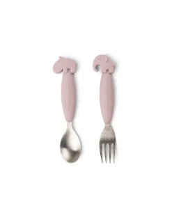 Set 2 Posate Anti-Scivolo - Forchetta e Cucchiaio - Powder - Silicone Alimentare e Acciaio inossidabile