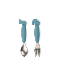 Set 2 Posate Anti-Scivolo - Forchetta e Cucchiaio - Blu - Silicone Alimentare e Acciaio inossidabile