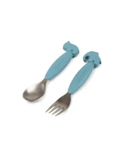 Set 2 Posate Anti-Scivolo - Forchetta e Cucchiaio - Blu - Silicone Alimentare e Acciaio inossidabile