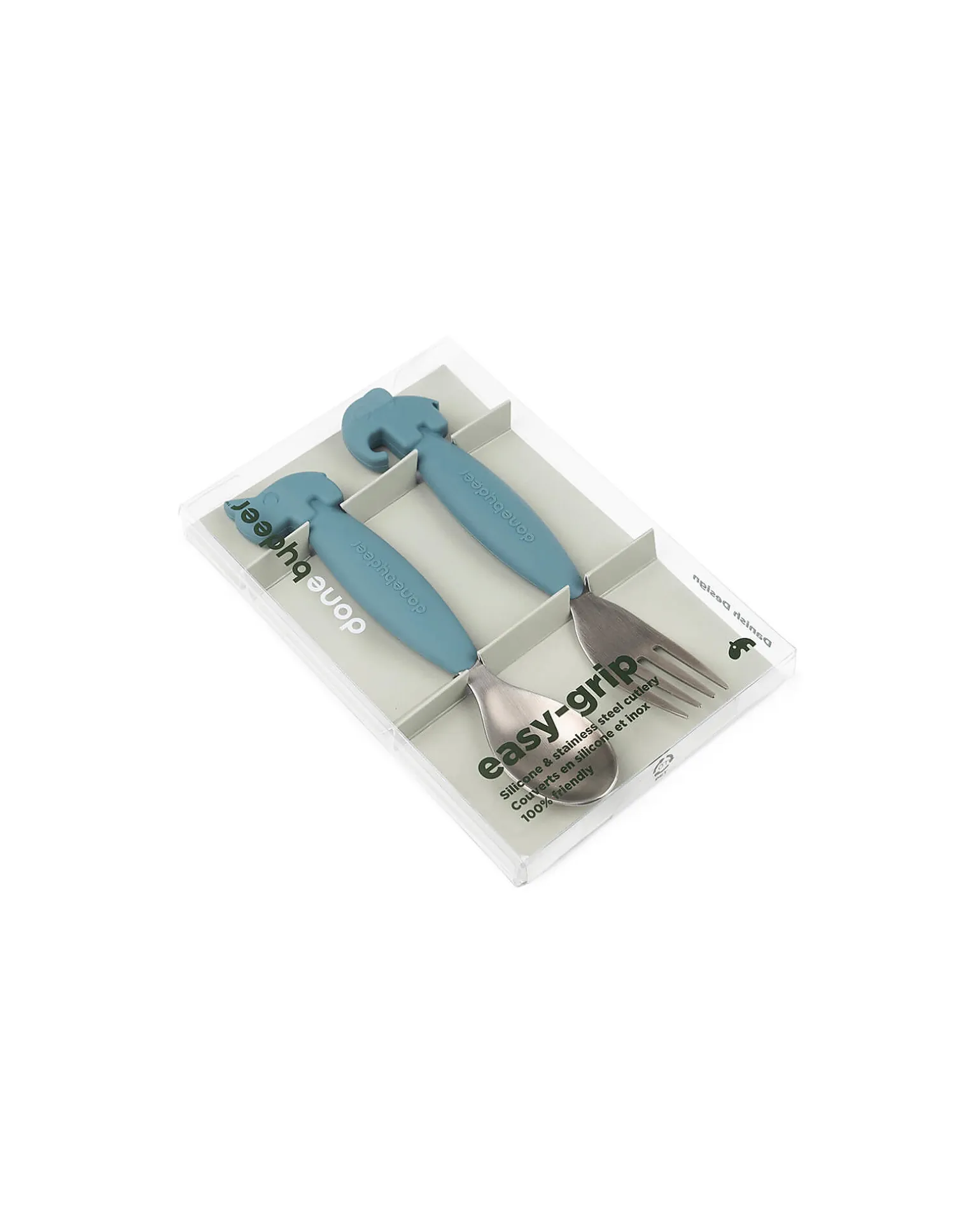 Set 2 Posate Anti-Scivolo - Forchetta e Cucchiaio - Blu - Silicone Alimentare e Acciaio inossidabile