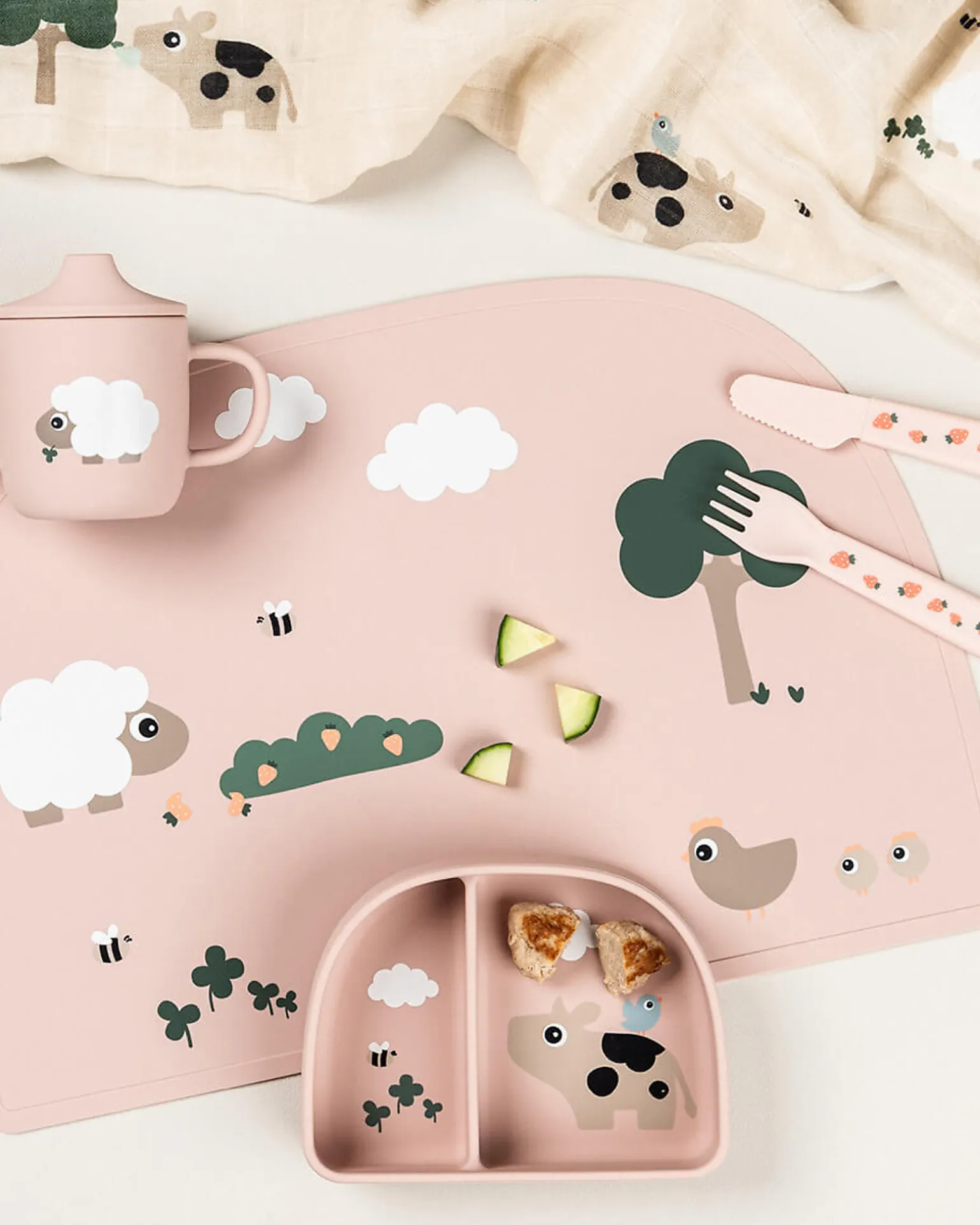 Stick&Stay Ciotola con Scomparti - Tiny Farm - Cipria- 100% Silicone Alimentare