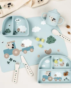 Stick&Stay Ciotola con Scomparti - Tiny Farm - Blu - 100% Silicone Alimentare