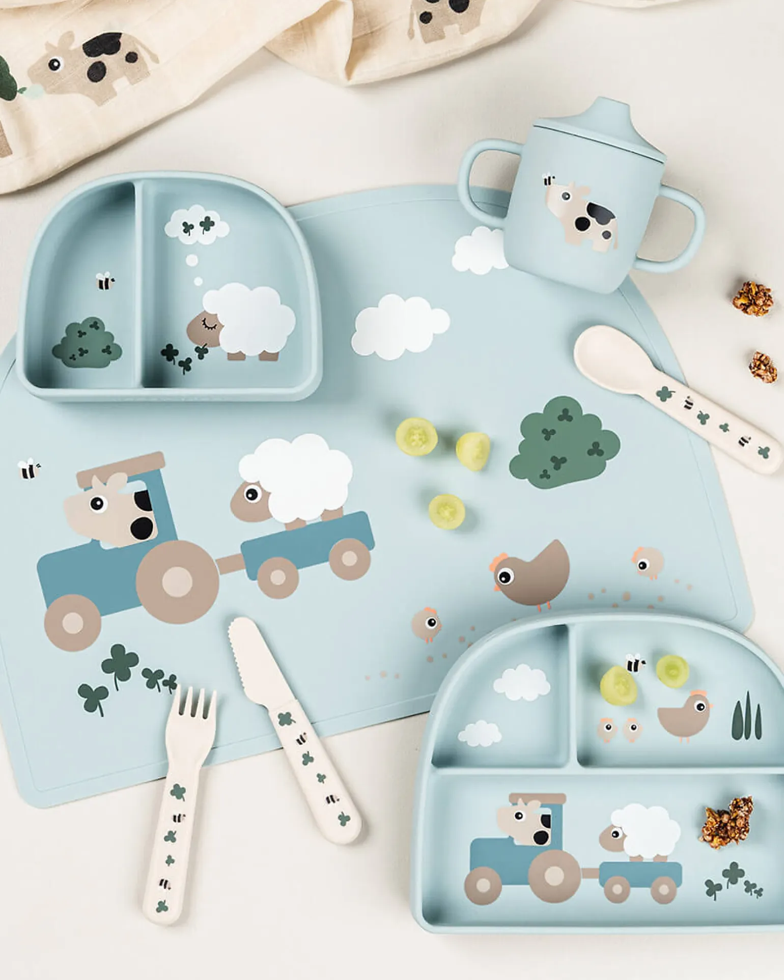 Stick&Stay Ciotola con Scomparti - Tiny Farm - Blu - 100% Silicone Alimentare