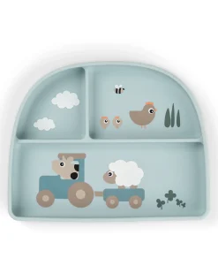 Stick&Stay Piatto con Scomparti - Tiny Farm - Blu - 100% Silicone Alimentare
