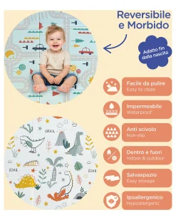 Tappeto Gioco Pieghevole Montessori 2 in 1 Reversibile e Morbido - Dino Friends - 180x150cm - dalla Nascita