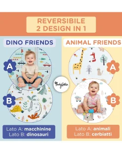 Tappeto Gioco Pieghevole Montessori 2 in 1 Reversibile e Morbido - Dino Friends - 180x150cm - dalla Nascita