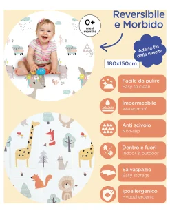 Tappeto Gioco Pieghevole Montessori 2 in 1 Reversibile e Morbido - Animal Friends - 180x150cm - dalla Nascita