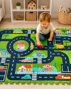 Tappeto Gioco Puzzle Montessori - City - 12 Pezzi - Morbido e Sicuro dalla Nascita - 117,5x88,5 cm - dalla Nascita