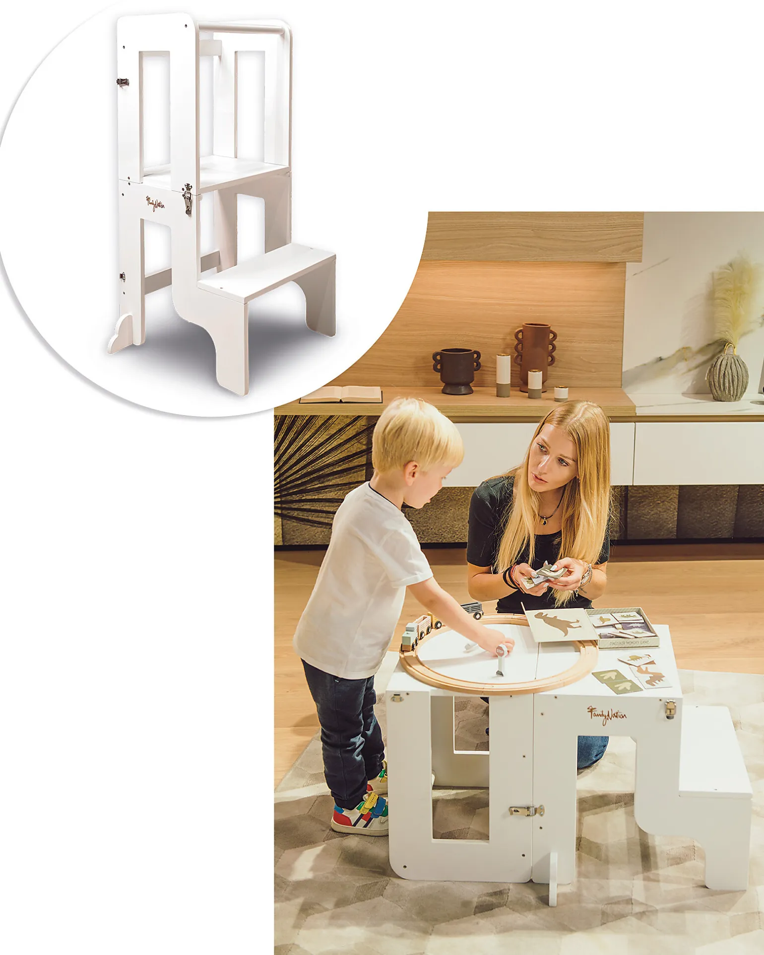 Torre Montessori 2 in 1 - Bianco - Convertibile in Tavolo+Sedia