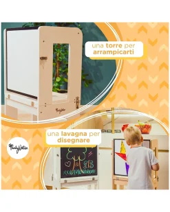 Torre Montessori 3 in 1 - Bianco - Lavagna Magnetica e Convertibile in Tavolo+Sedia