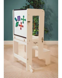 Torre Montessori 3 in 1 - Bianco - Lavagna Magnetica e Convertibile in Tavolo+Sedia