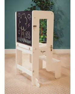 Torre Montessori 3 in 1 - Bianco - Lavagna Magnetica e Convertibile in Tavolo+Sedia