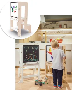 Torre Montessori 3 in 1 - Bianco - Lavagna Magnetica e Convertibile in Tavolo+Sedia