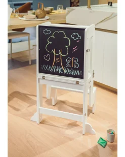 Torre Montessori 3 in 1 - Bianco - Lavagna Magnetica e Convertibile in Tavolo+Sedia