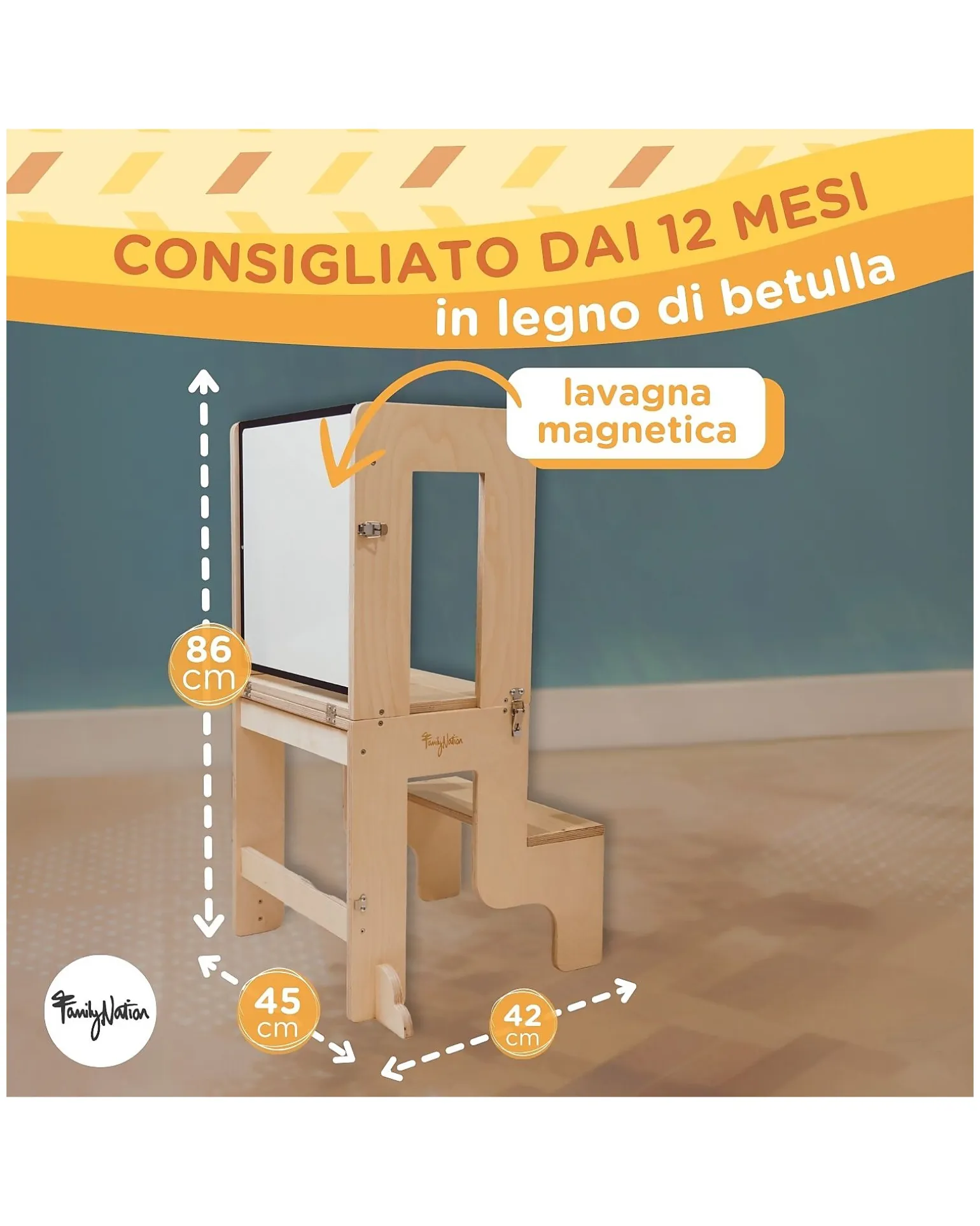 Torre Montessori 3 in 1 - Natural - Lavagna Magnetica e Convertibile in Tavolo+Sedia