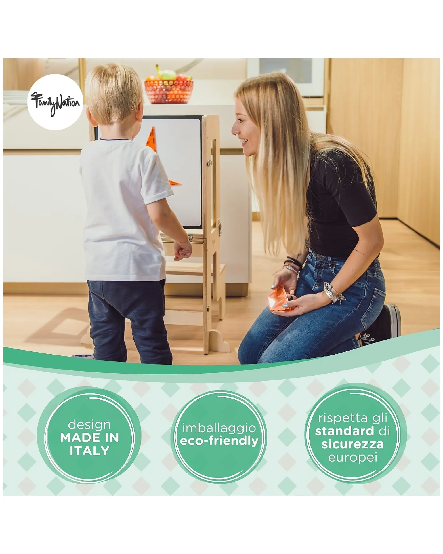 Torre Montessori 3 in 1 - Natural - Lavagna Magnetica e Convertibile in Tavolo+Sedia