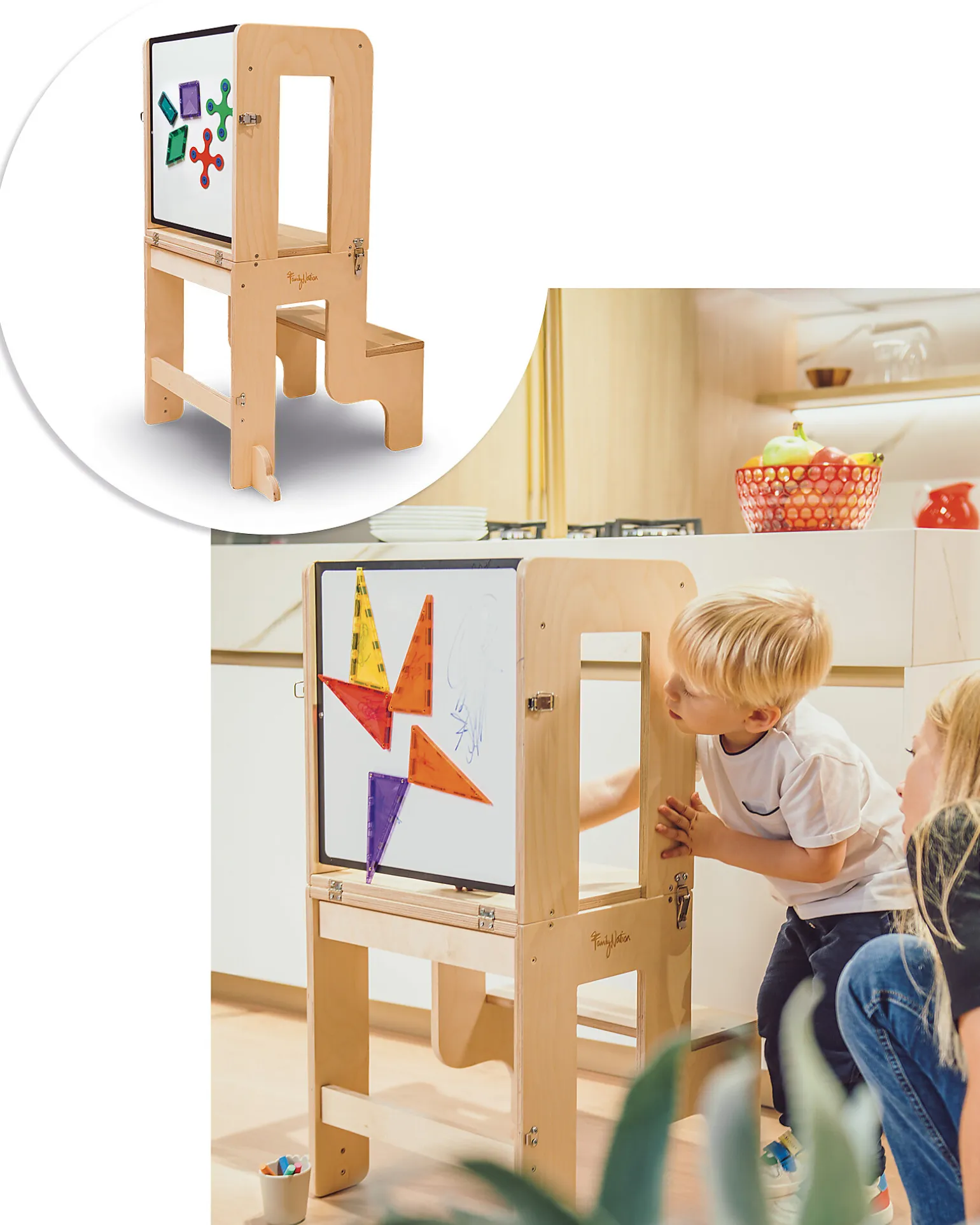 Torre Montessori 3 in 1 - Natural - Lavagna Magnetica e Convertibile in Tavolo+Sedia