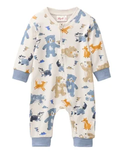 Tutina a Maniche Lunghe con Zip - Panna Fantasia Animaletti - Cotone GOTS