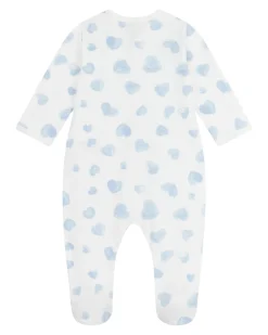 Tutina Intera in Tessuto Felpato Spazzolato - Bianco con Cuori Azzurri - 100% Cotone