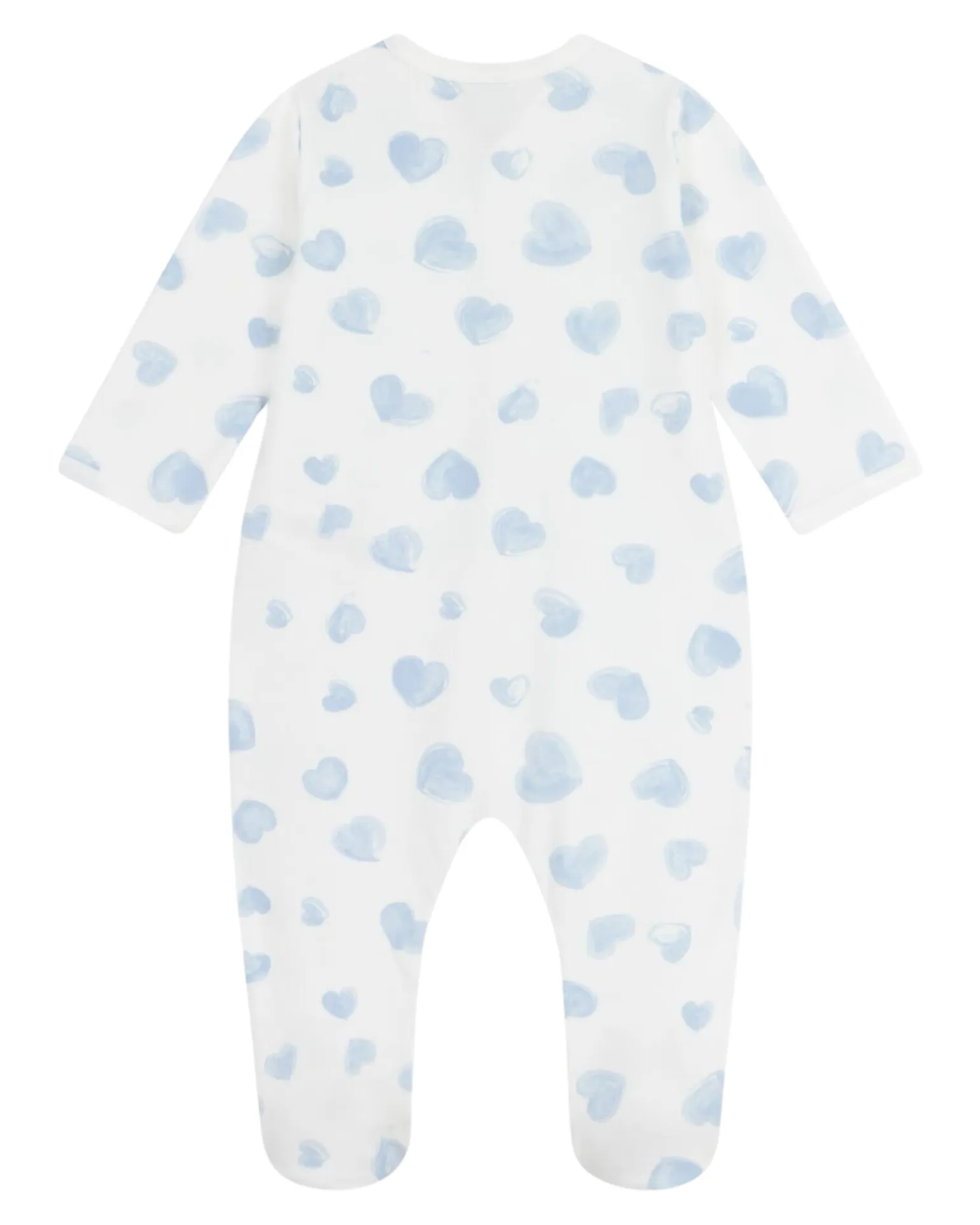 Tutina Intera in Tessuto Felpato Spazzolato - Bianco con Cuori Azzurri - 100% Cotone
