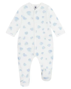 Tutina Intera in Tessuto Felpato Spazzolato - Bianco con Cuori Azzurri - 100% Cotone