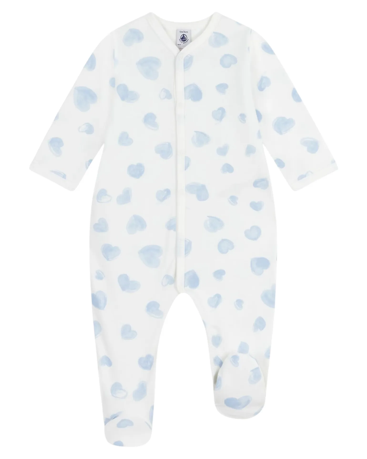 Tutina Intera in Tessuto Felpato Spazzolato - Bianco con Cuori Azzurri - 100% Cotone