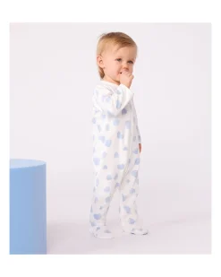 Tutina Intera in Tessuto Felpato Spazzolato - Bianco con Cuori Azzurri - 100% Cotone