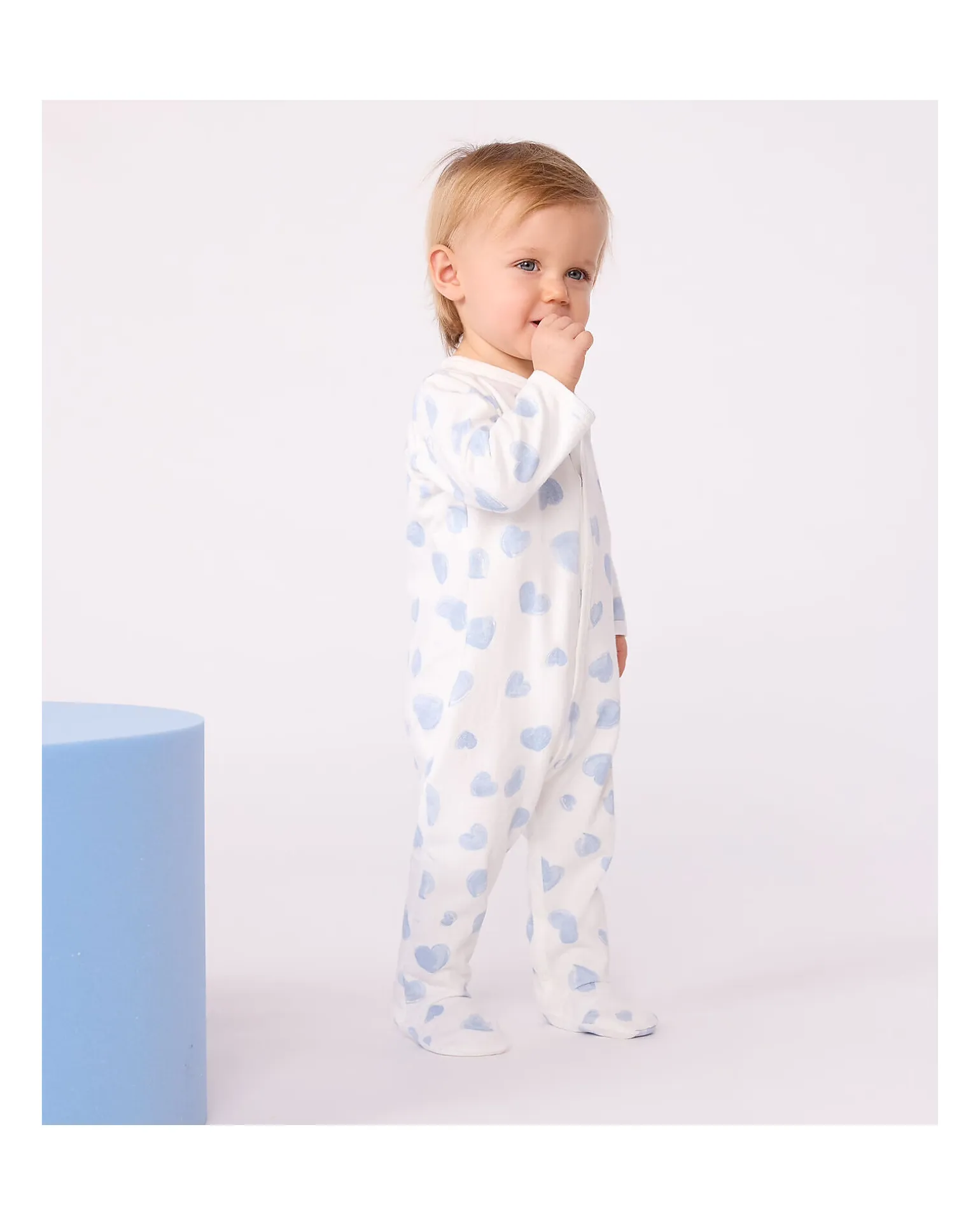 Tutina Intera in Tessuto Felpato Spazzolato - Bianco con Cuori Azzurri - 100% Cotone