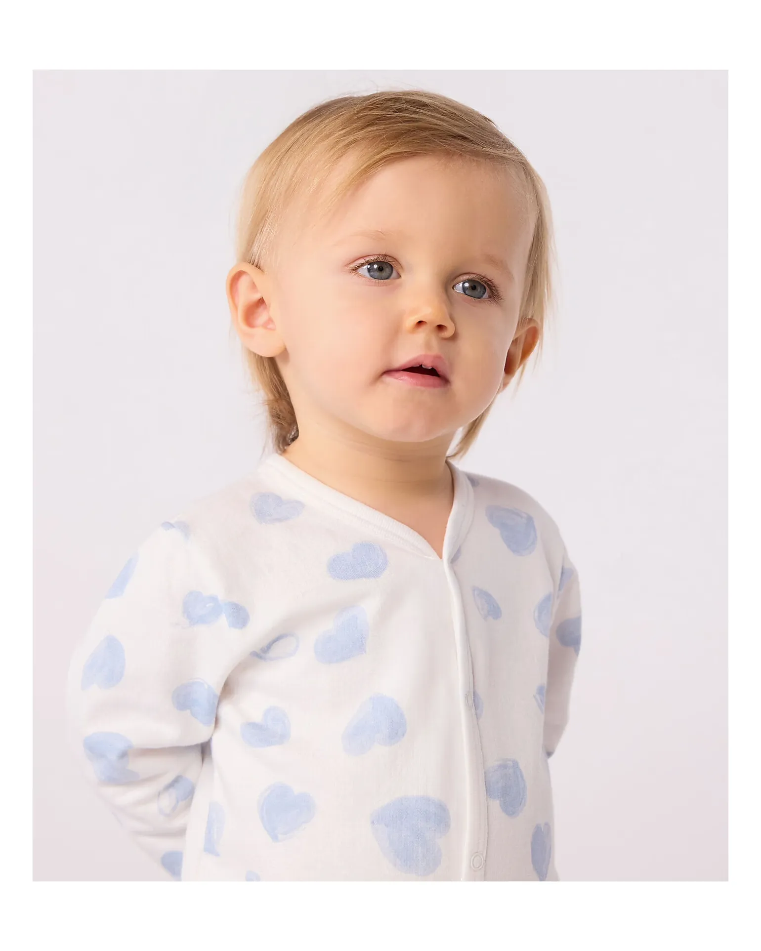 Tutina Intera in Tessuto Felpato Spazzolato - Bianco con Cuori Azzurri - 100% Cotone