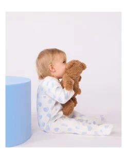 Tutina Intera in Tessuto Felpato Spazzolato - Bianco con Cuori Azzurri - 100% Cotone